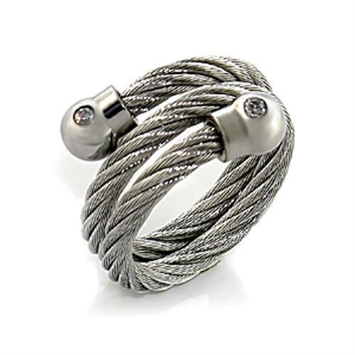 LO440 - High polished (no plating) Stainless Steel Ring with AAA Grade CZ  in Clear-0