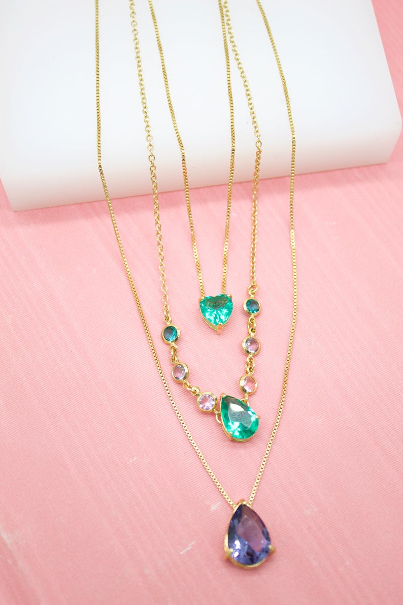 18K Gold Filled Multi Color Tear Drop Gemstone Crystal With A Dainty Box Chain Necklace (G165)-0