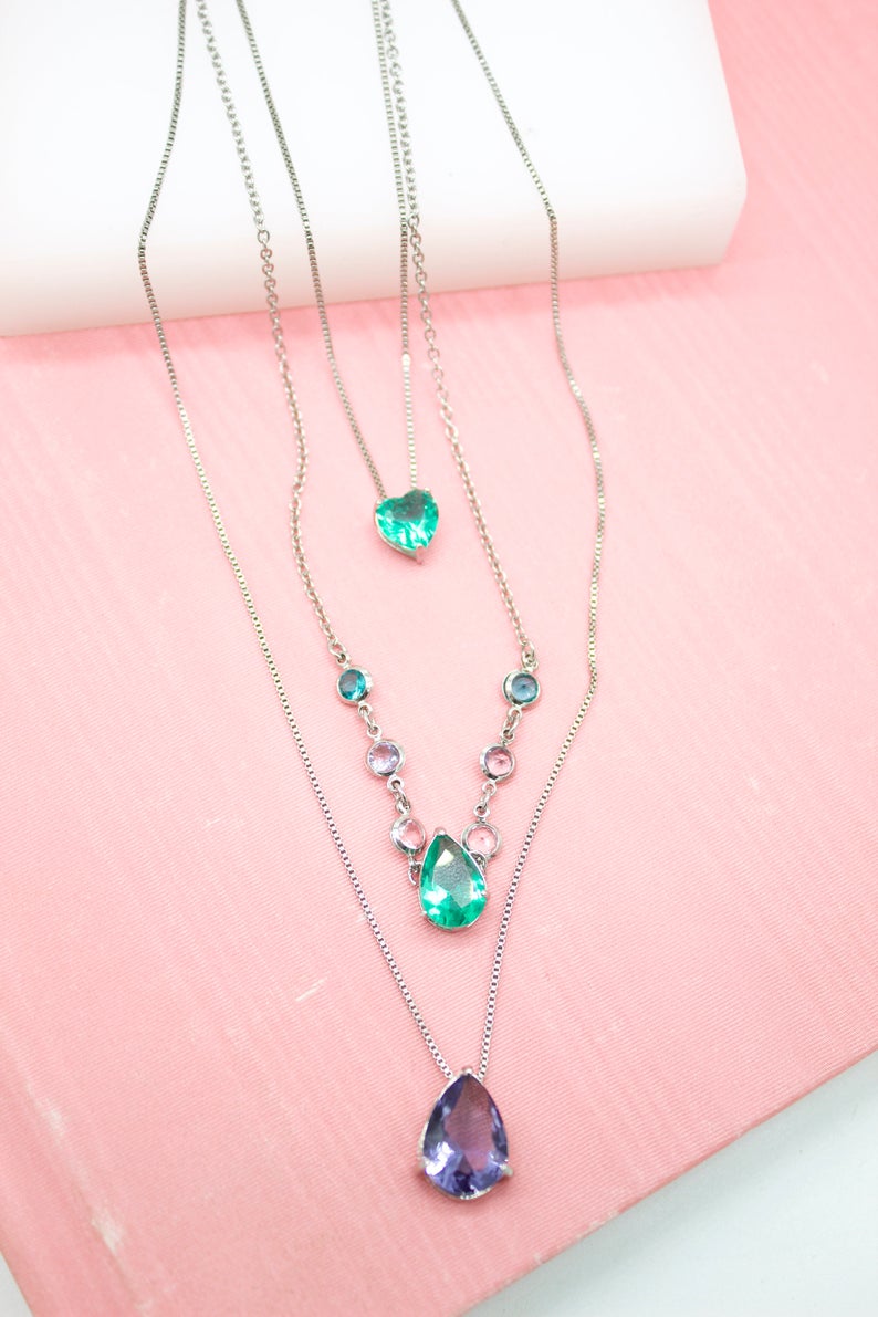 18K Gold Filled Multi Color Tear Drop Gemstone Crystal With A Dainty Box Chain Necklace (G165)-1