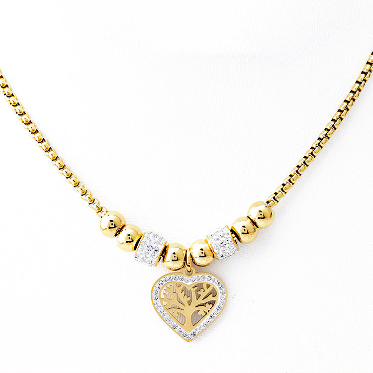 European and American Style Titanium Steel Heart Tree of Life Rhinestone Necklace for Women Simple Love Charm Jewelry