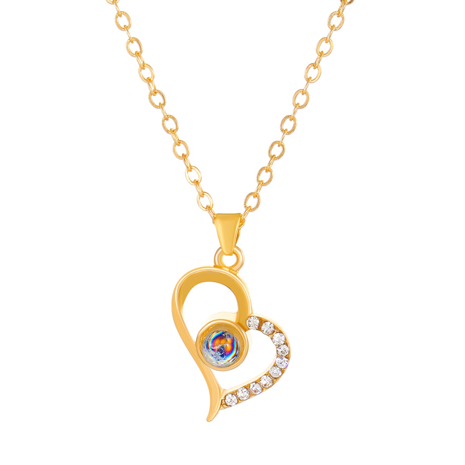 Diamond studded heart-shaped projection necklace in 100 languages. I love you, heart-shaped pendant, couple necklace