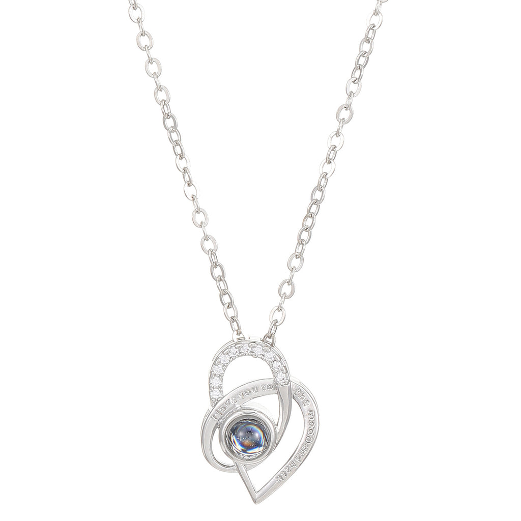Diamond studded heart-shaped projection necklace in 100 languages. I love you, heart-shaped pendant, couple necklace