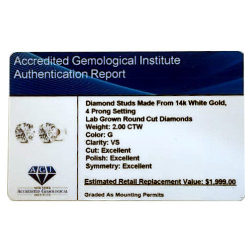 AGI Certified Lab-Grown Diamond Stud Earrings | 2 or 3 CTW | G Color VS Clarity | 14K Gold-4