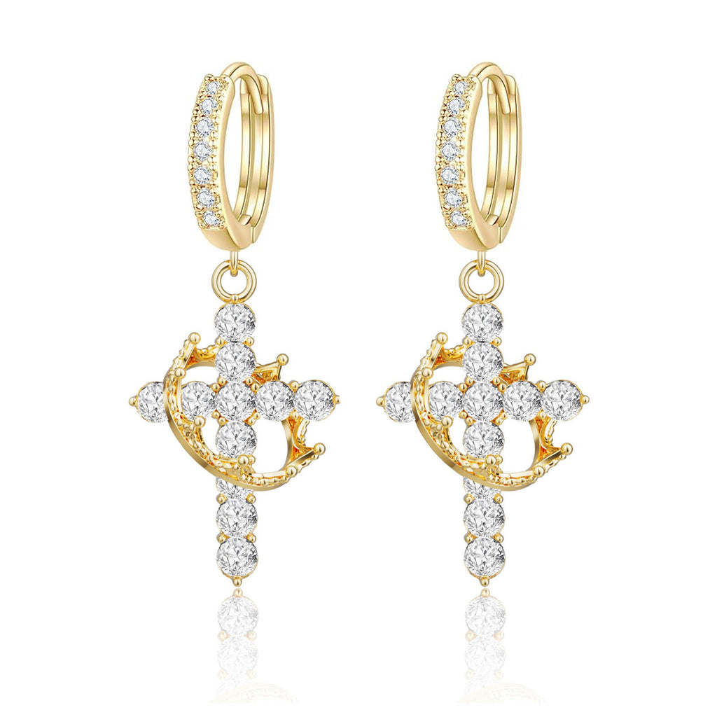 Rotating Crown Cross Earrings Set with Zircon